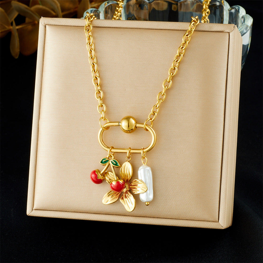Gold Plated Drip Oil Stainless Steel Plant Pendant Necklace with Cable Chain for Women
