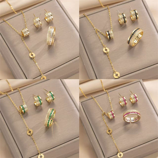 Set di collana in acciaio al titanio geometrico minimalista di lusso leggero con ciondolo in rame placcato oro 18 carati e intarsio in zircone, unisex