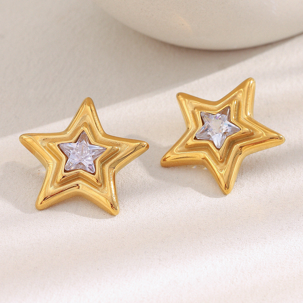 Minimalist Star-Shaped Stainless Steel Earrings with 18K Gold Plating and Cubic Zirconia Accents for Women