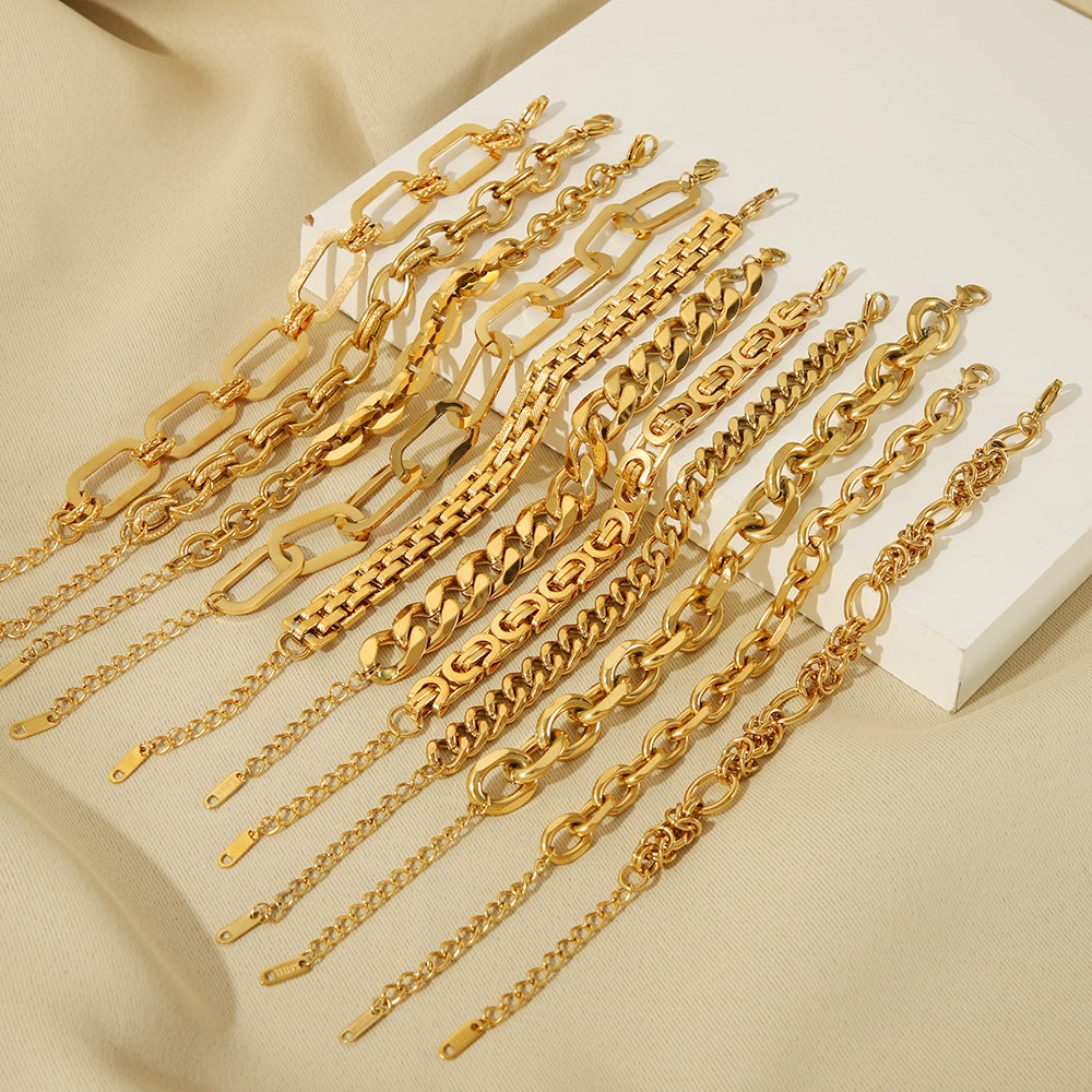 Punk Style Geometric Stainless Steel Bracelet with Thick Chain Design and 24K Gold Plated Finish