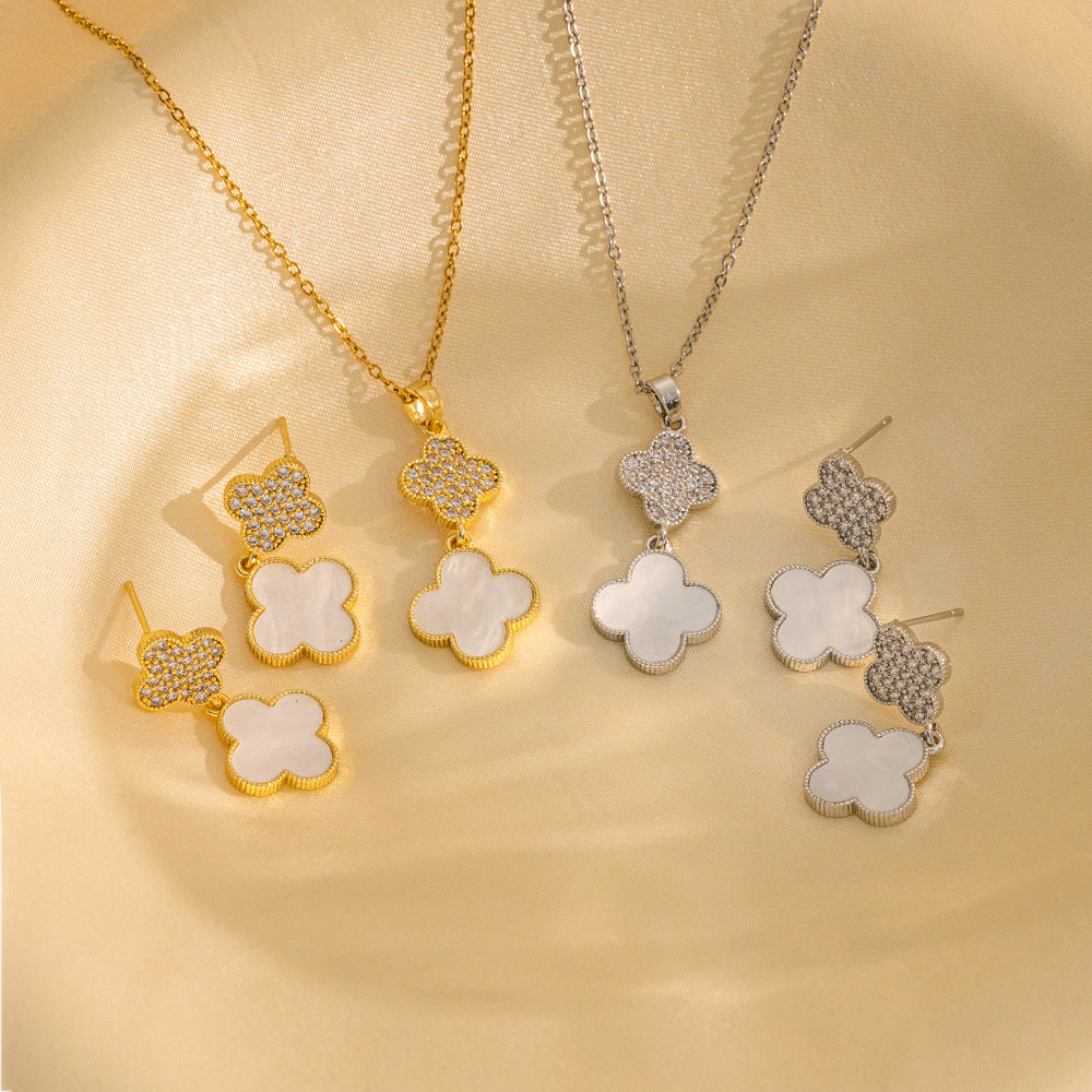 Set collana di lusso in acciaio al titanio geometrico con dettagli in strass micro-pavé e catena a maglie ovali per donna