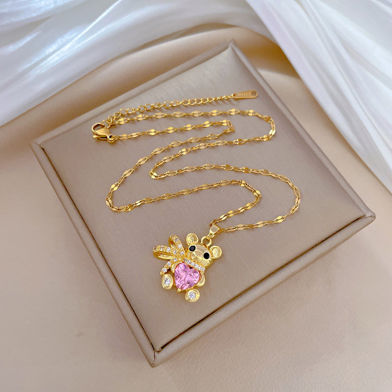 Collana pendente orsetto minimalista in acciaio al titanio con strass per donna e uomo, catena a medaglione regolabile