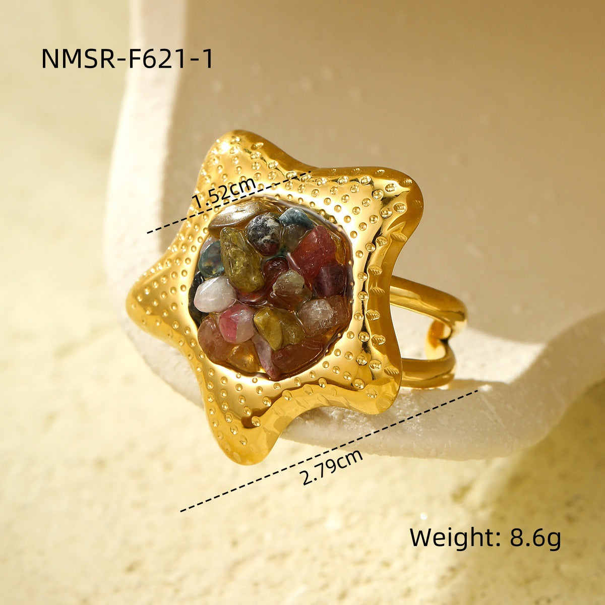 Elegante Anillo de Acero Inoxidable con Forma de Estrella, Inspiración Francesa y Minimalista, con Incrustaciones de Piedras Naturales para Mujer