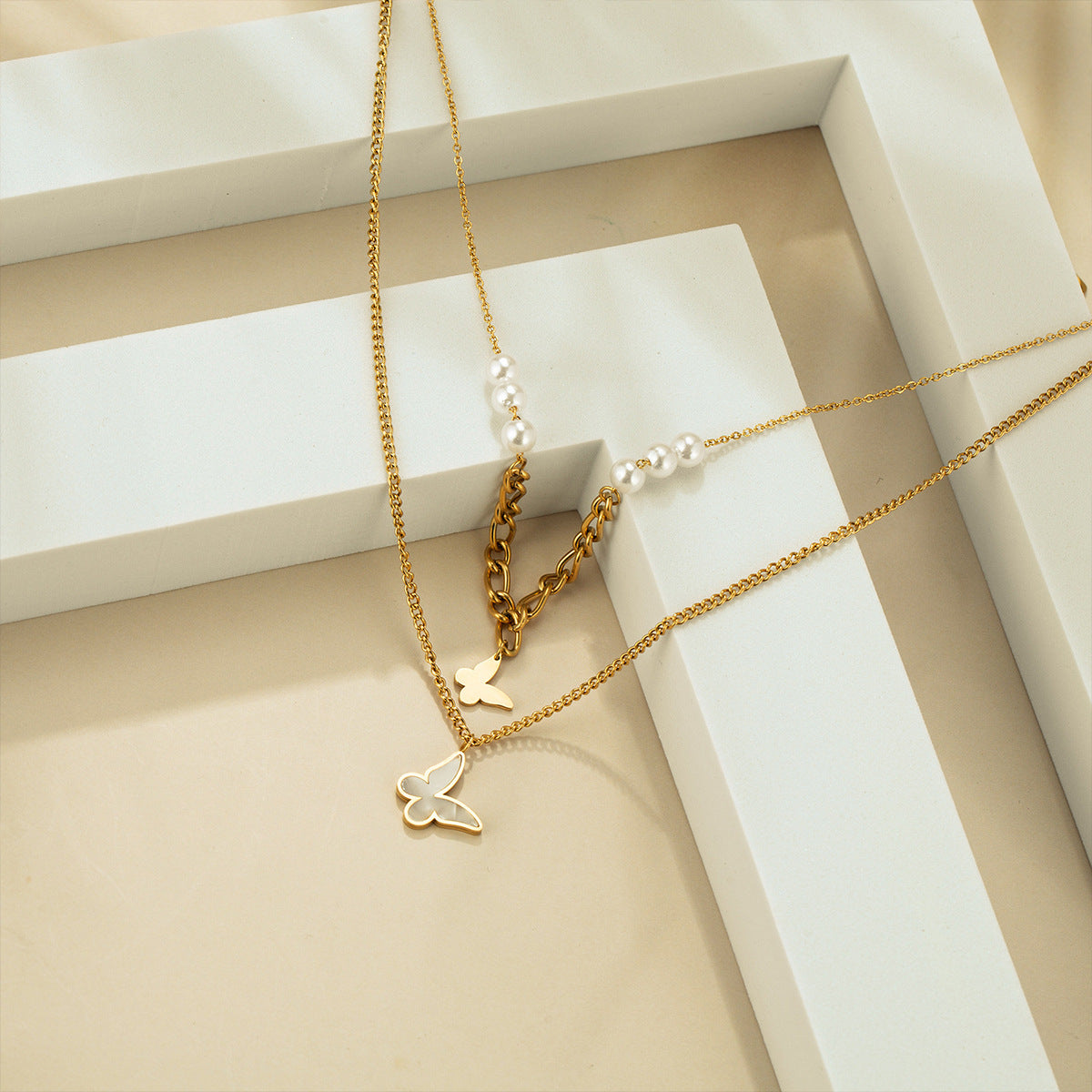Original Design Butterfly and Heart Pendant Necklace for Women Titanium Steel Plated Delicate Clavicle Chain with Pearl Accents