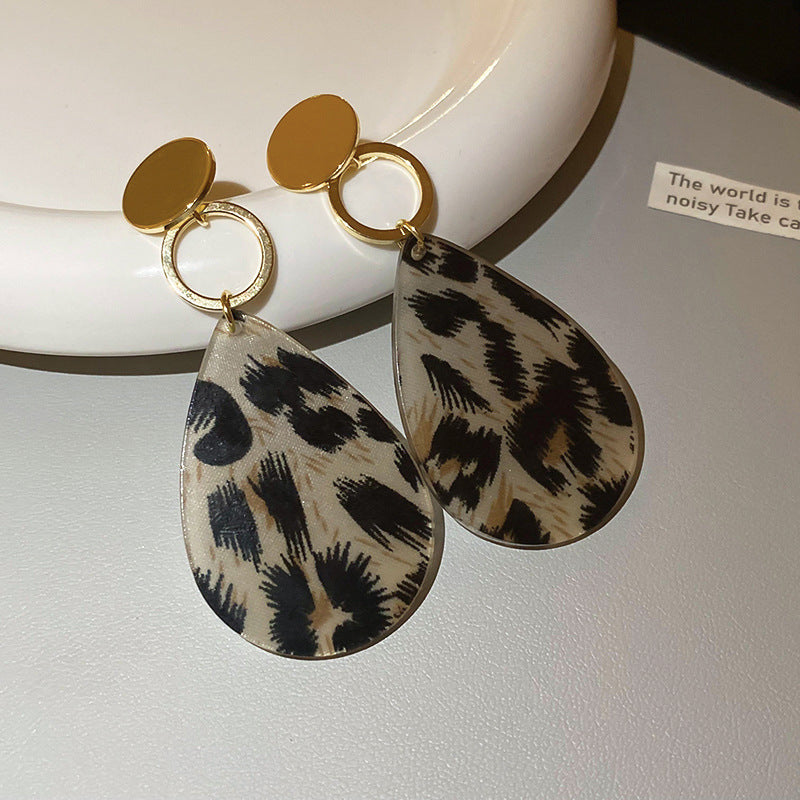 Vintage-Style Geometric Round Hoop Earrings for Women with Alloy Base Plated in Silver Tone Enamel Leopard Print and Rhinestone Inlay
