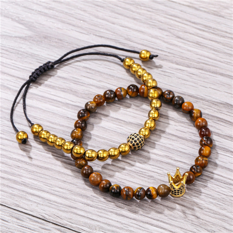 Geometric Crown Tiger's Eye and Cubic Zirconia Brass Bracelet Set