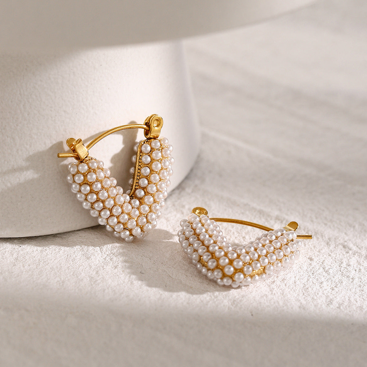 Minimalist 18K Gold Plated V-Shape Stainless Steel Pearl Earrings for Women