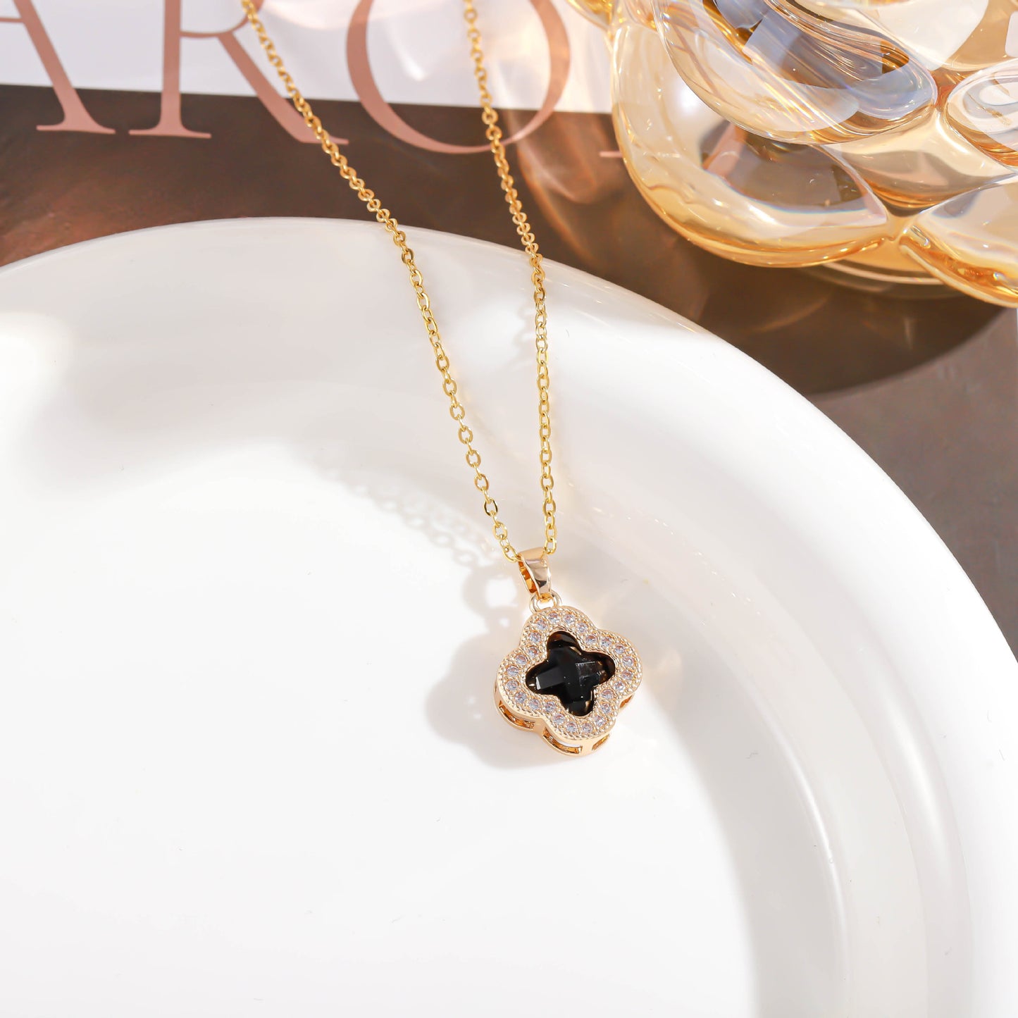Sweet Elegant Floral Titanium Steel Inlay Rhinestone Pendant Necklace for Women