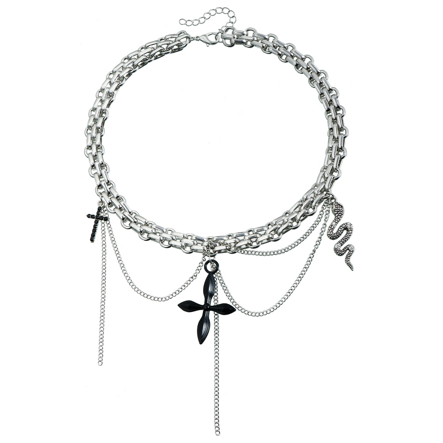Dark Gothic Cross Pendant Necklace for Women with Geometric U-Shaped Alloy Charm, Electroplated Snake Chain Collar Necklace