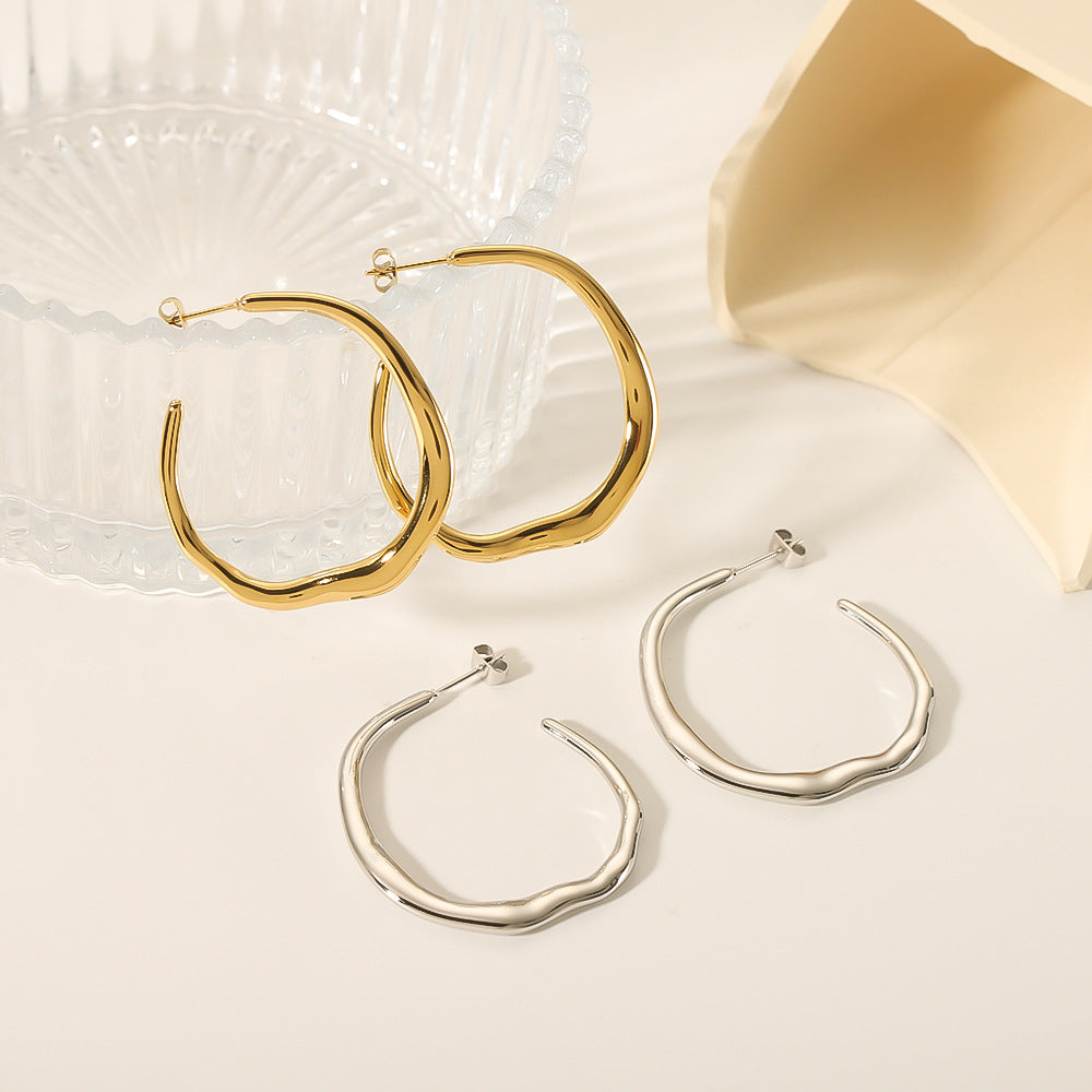 Irregular C-Shaped Stainless Steel Earrings with 18K Gold Plating, Minimalist Fashion Ear Cuffs for Women