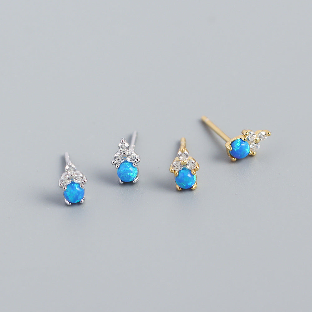 Orecchini a perno con opale e intarsio di strass in argento sterling S925, stile naturale, forma geometrica da donna
