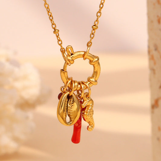 Fashionable Lip-Shaped Pendant Necklace in Stainless Steel with 18K Gold Plating, Enamel Red Finish, Sea Horse Accent, Geometric Design for Women
