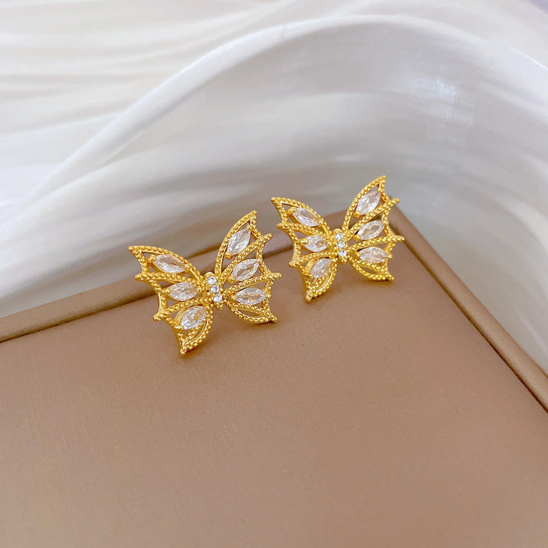 Sweet Elegant Rhinestone Plated Titanium Steel Butterfly Geometric Necklace and Earring Set for Women