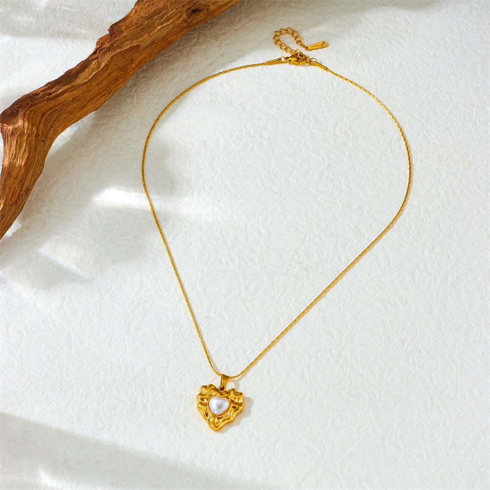 Vintage Business Irregular Heart Teardrop Plated Stainless Steel Pearl Pendant Necklace for Women