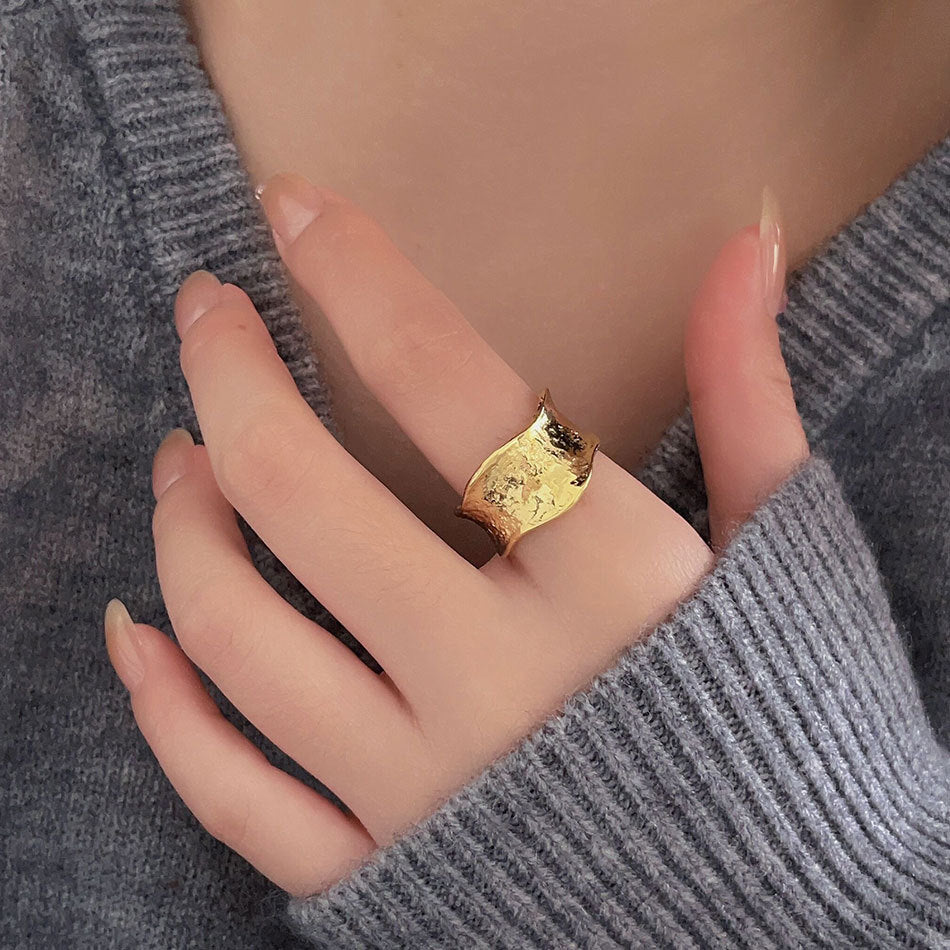 Anillo de plata de ley 925 irregular texturizado con efecto agua, anillo de banda abierta, joyería de moda para uso diario