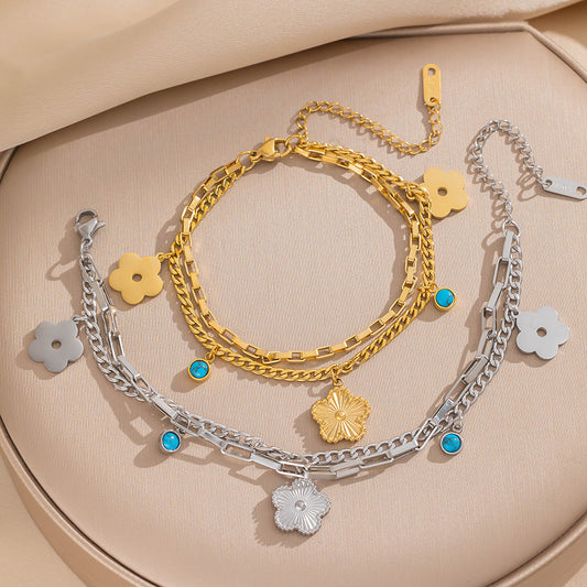 Minimalist Geometric Five-Petal Flower Titanium Steel Bracelet for Women with 18K Gold Plating and Hypoallergenic Finish