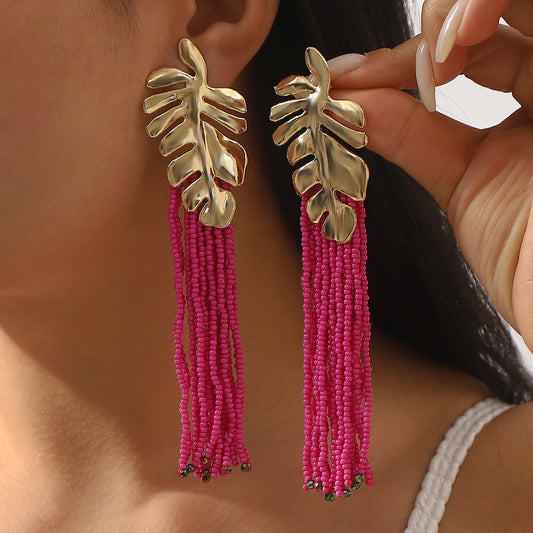 Bohemian Style Hand-Strung Beaded Tassel Long Leaf-Shaped Alloy Earrings for Women