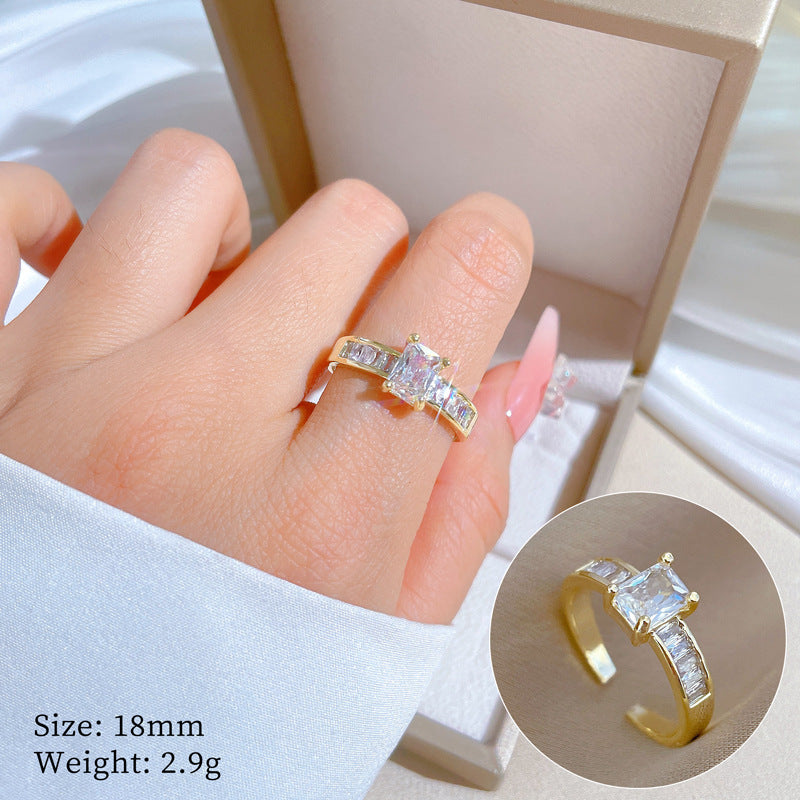 Minimalist Geometric Gold-Plated Brass Open Ring for Women with Crown Shape and Rhinestone Inlay