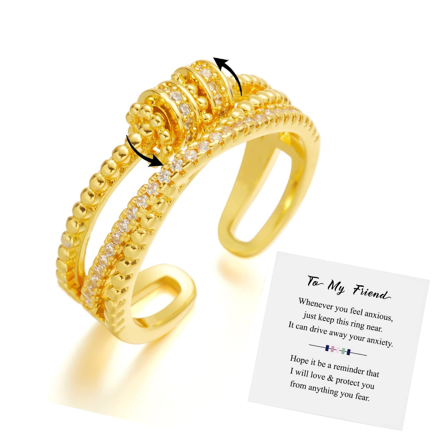 Elegant Geometric Brass Plated Ring with Cubic Zirconia Polka Dot Design Unisex Spinner Anxiety Ring