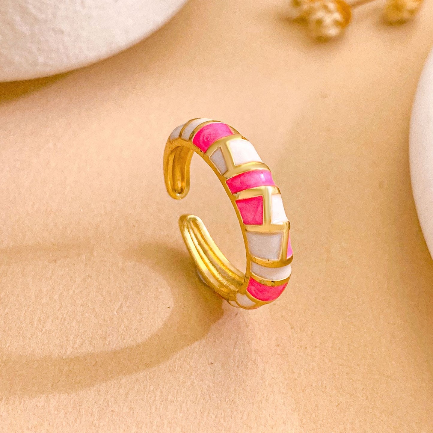 Minimalist Geometric Enamel Gold Plated Brass Ring with Polka Dot Pattern Adjustable Open Design for Women