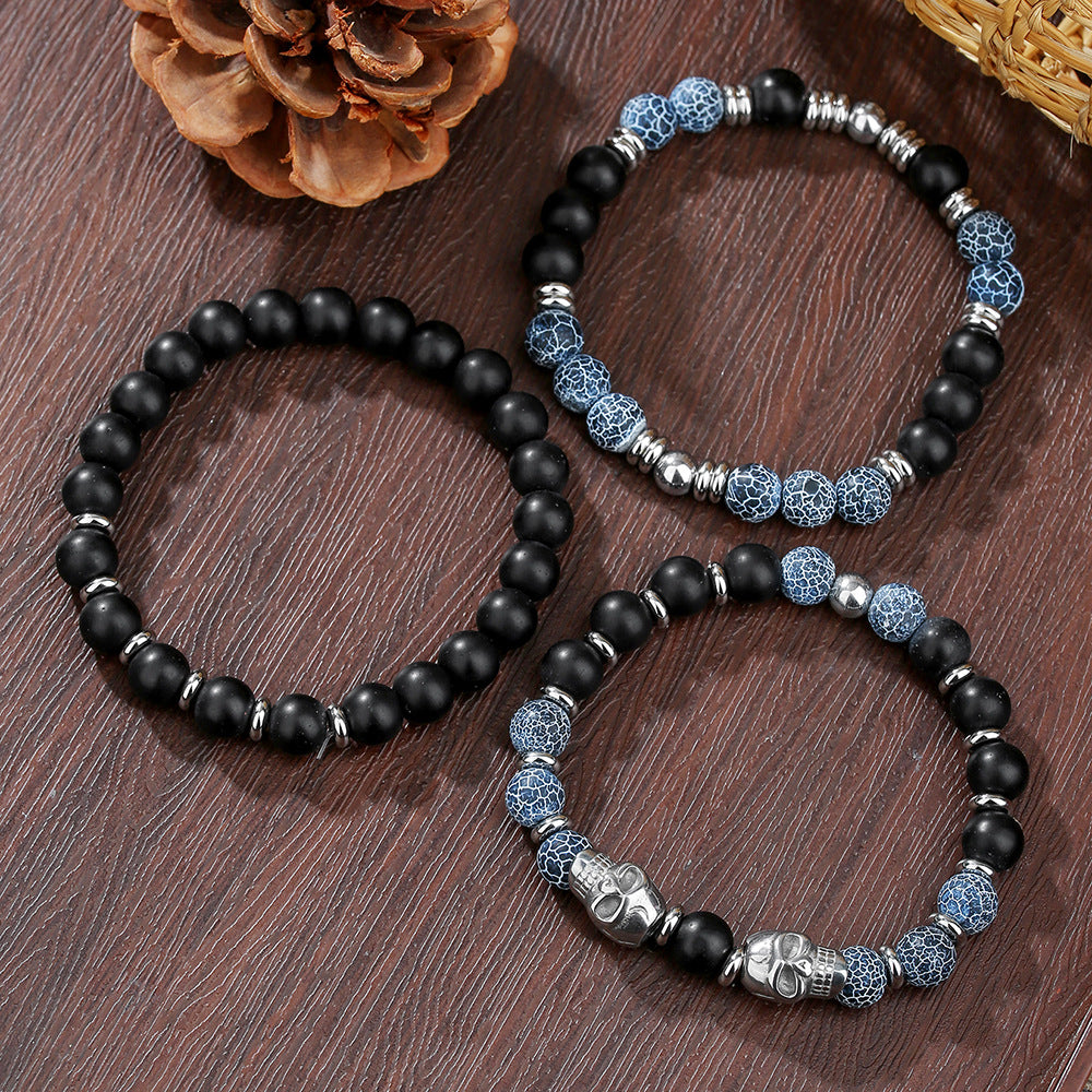 Vintage Hip-hop Sporty Geometric Round Stainless Steel Agate Beaded Bracelet for Men and Women
