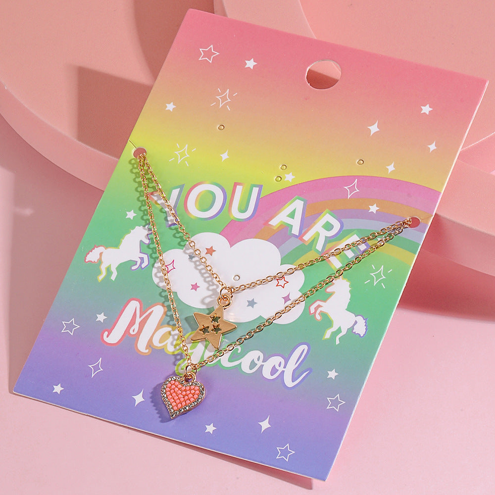 Dulce Collar de Mariposa Floral Estrella Corazón para Niñas, Cadena de Aleación con Acabado Esmaltado, Joyería de Verano Multicapa