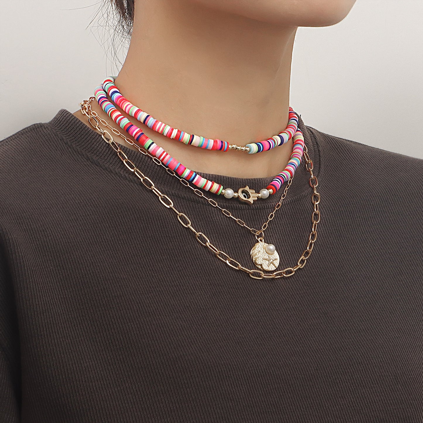 Bohemian Multilayer Polymer Clay Evil Eye Necklace for Women with Geometric Pendant, Alloy Chain, Electroplated Finish