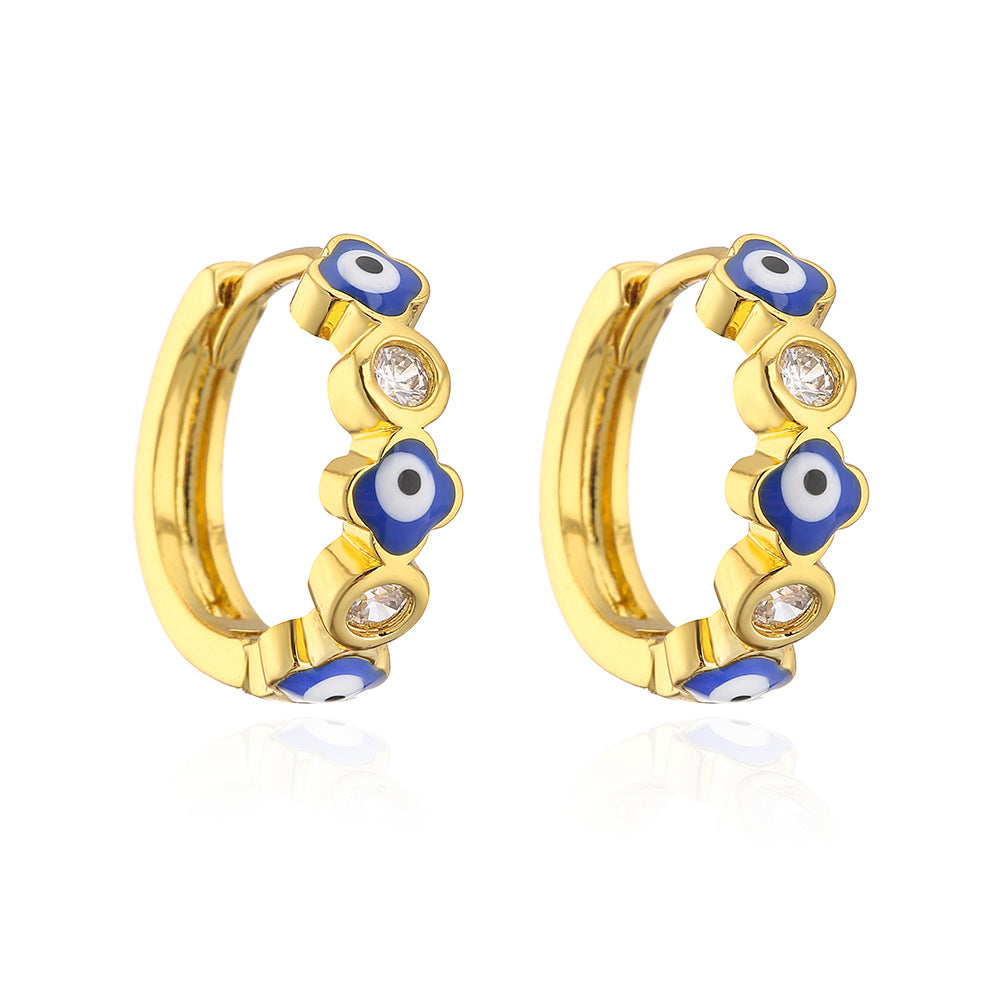 Orecchini da donna geometrici mini retrò a forma di occhio diabolico in rame con placcatura in oro 18K e intarsio di zirconi