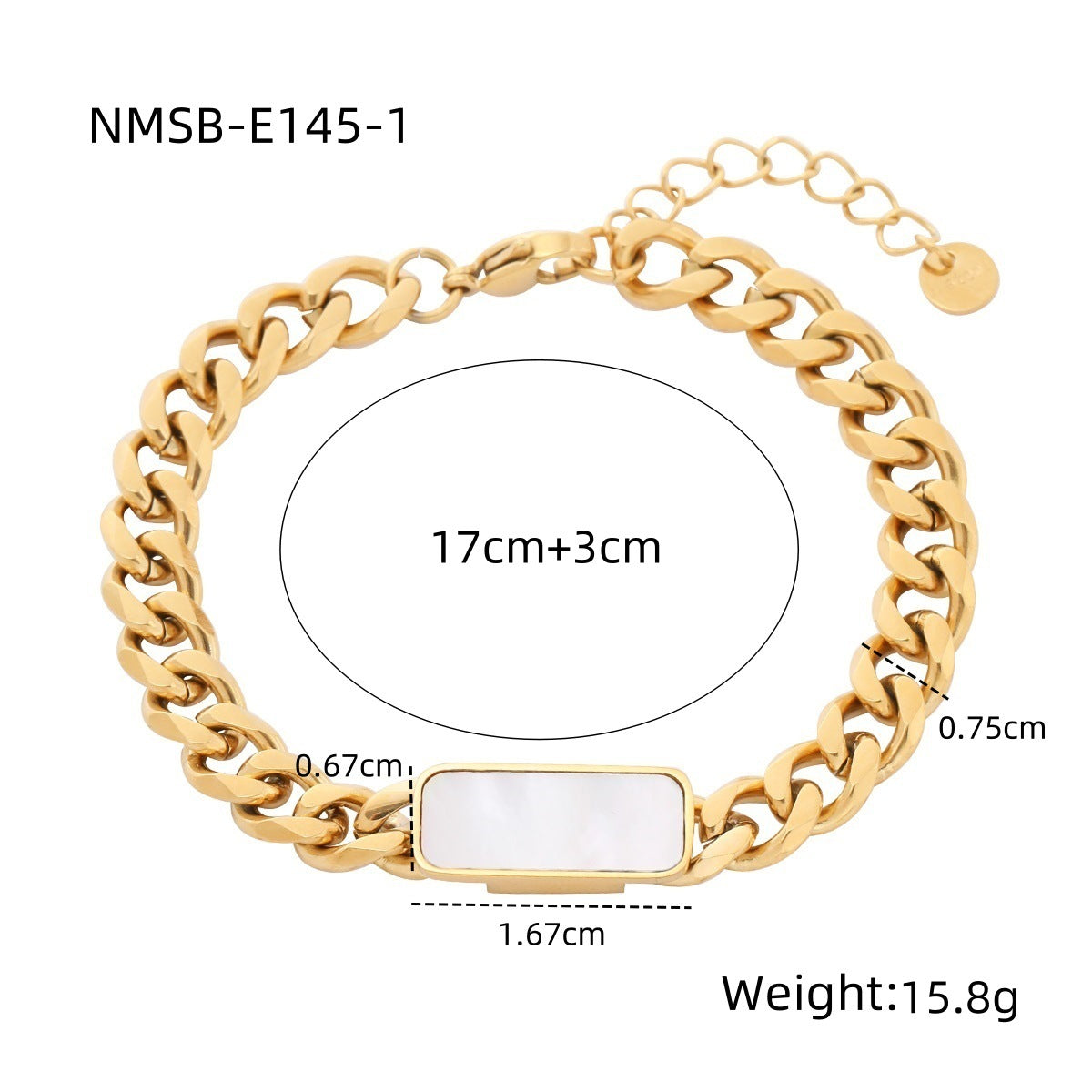 Fashionable Geometric Square Black and White Mother-of-Pearl Titanium Steel Bracelet with 18K Gold Plating for Women