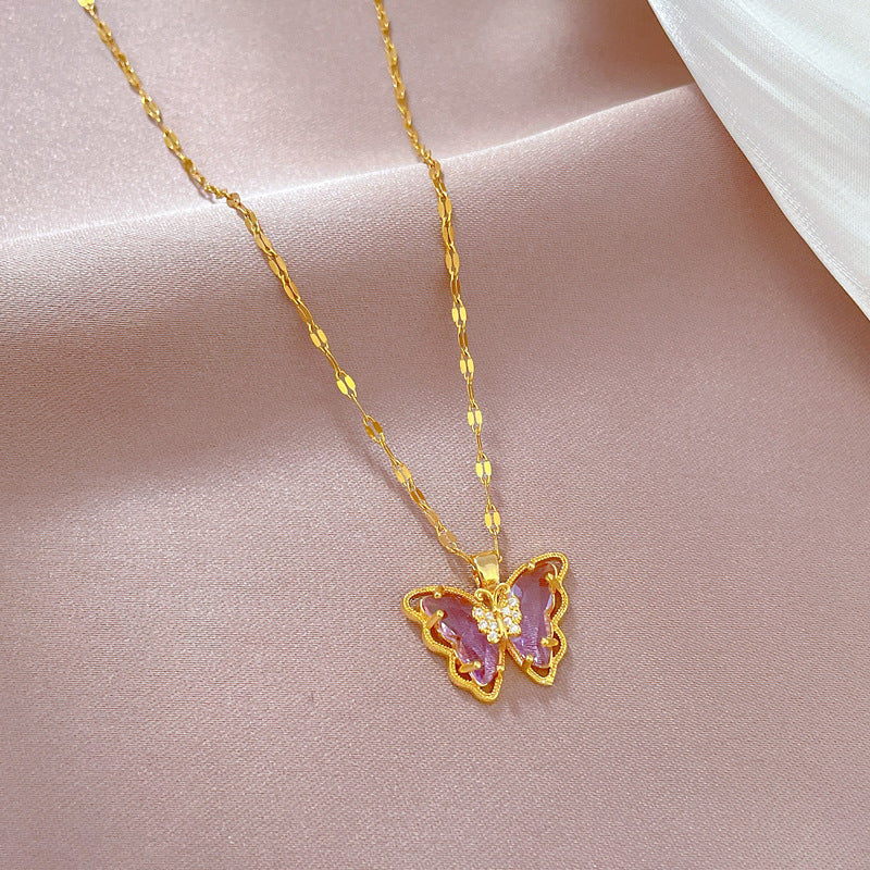 Elegant Sweet Butterfly Geometric Pendant Necklace Titanium Steel Chain for Unisex