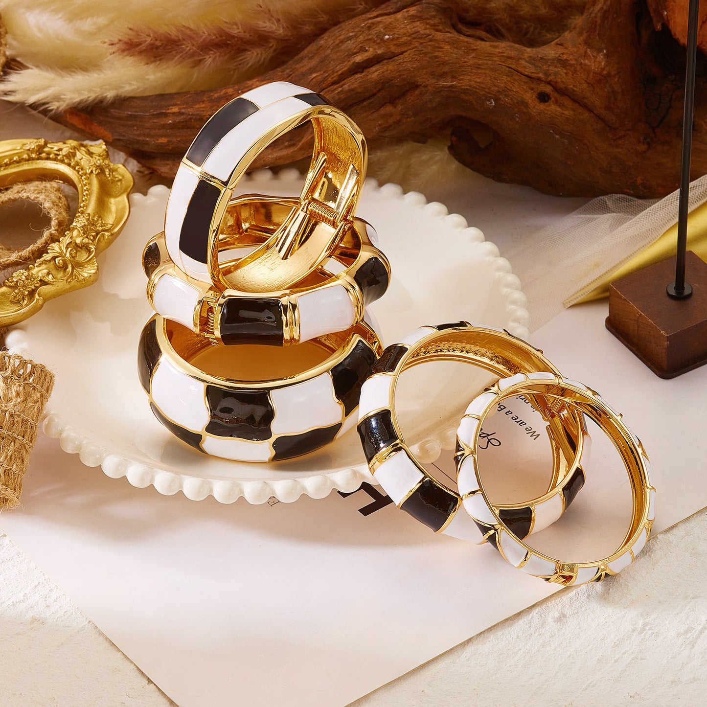 Colorful Black and White Checkered Geometric Drip Oil Plated Alloy Cuff Bracelet