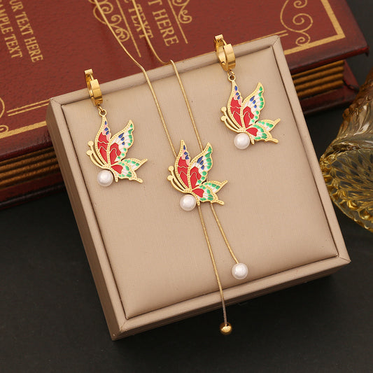 Conjunto de collar de mariposa esmaltado vintage en acero inoxidable con cadena de serpiente para mujer