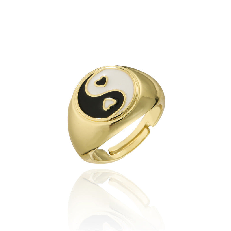 Colorful Drip Oil Heart Geometric Brass Ring with 18K Gold Plating Adjustable