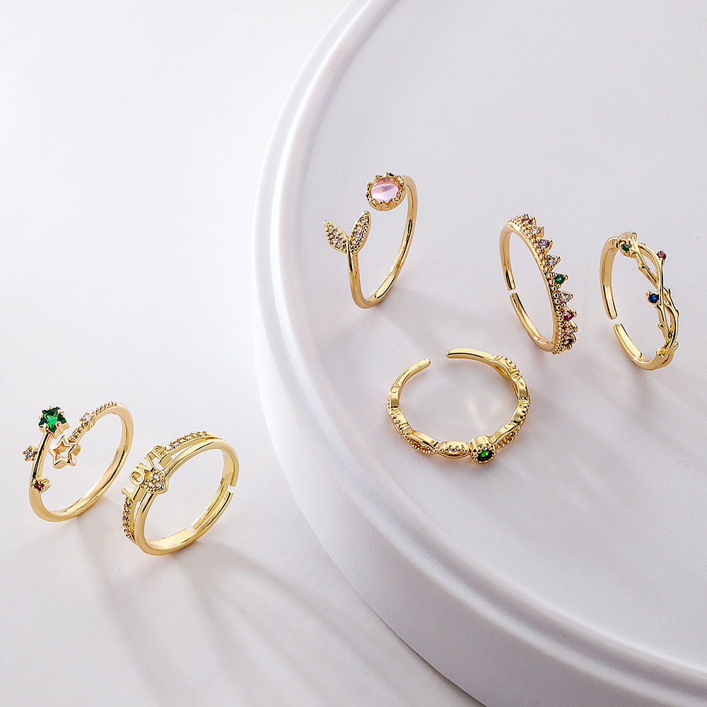 Minimalist Geometric Open Ring for Women Made of Copper with 18K Gold Plating and Micro-Paved Zirconia