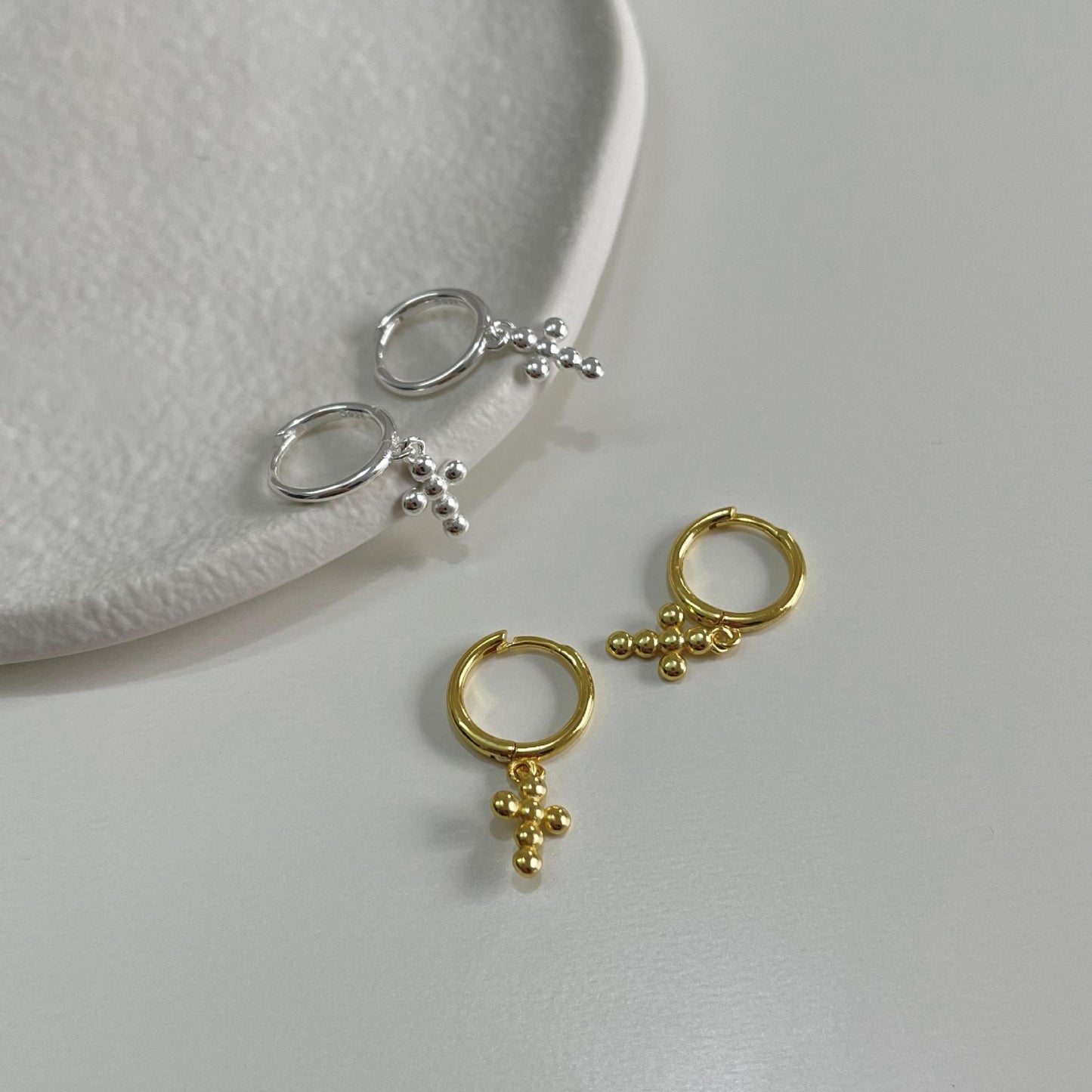Minimalist 925 Sterling Silver Cross Earrings Plated Hoop Studs for Women