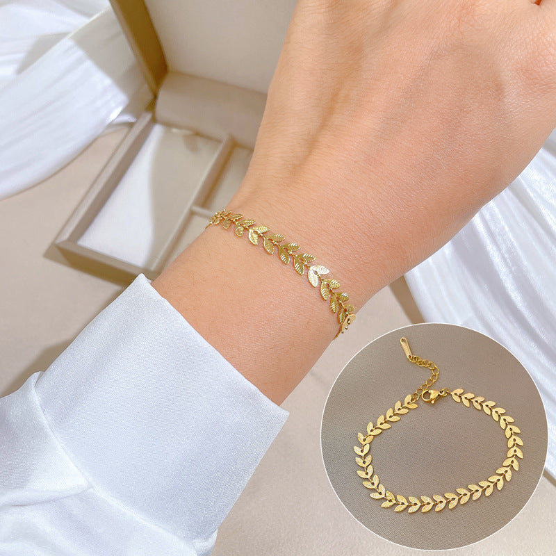 Minimalist Vintage Leaf Link Chain Bracelet in Titanium Steel with Wavy and Bean Pattern