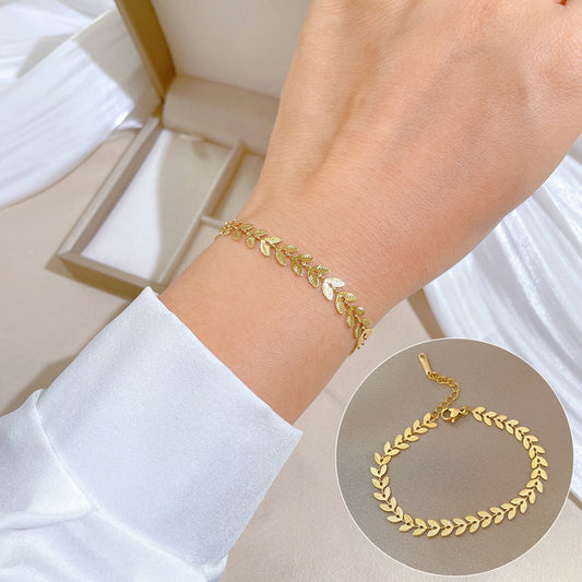 Pulsera Minimalista Vintage de Eslabones de Hojas en Acero de Titanio con Patrón Ondulado y de Frijol