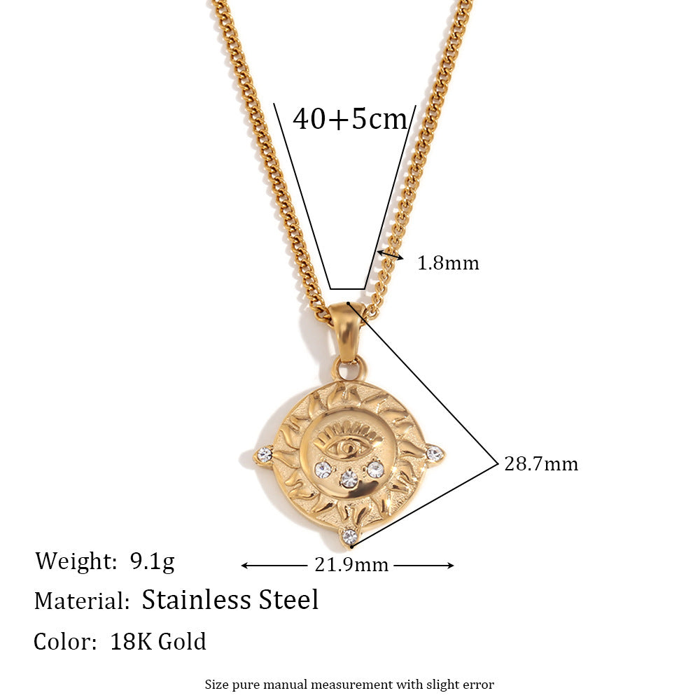 Vintage Minimalist Round Geometric Pendant Necklace in Stainless Steel with 18K Gold Plating for Women