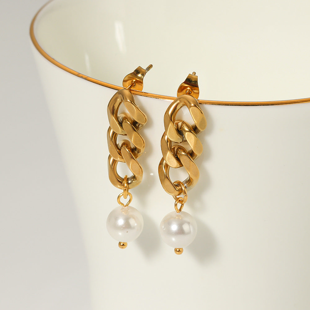 Minimalist Geometric Pearl Earrings with 18K Gold Plated Stainless Steel Chain Dangle for Women