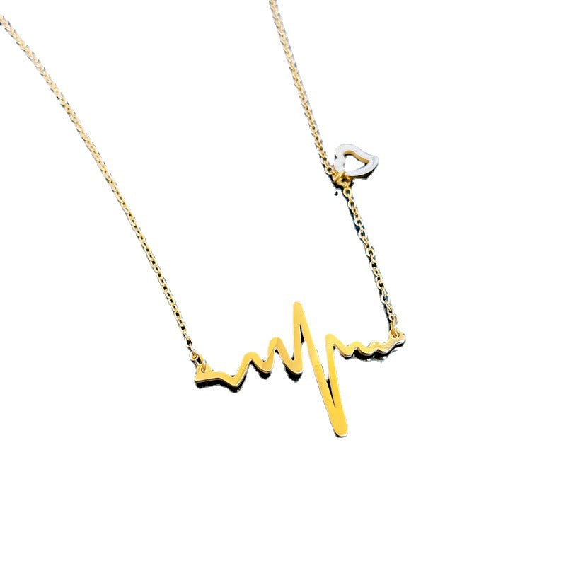 Collana da donna a forma di cuore con elettrocardiogramma geometrico minimalista in acciaio al titanio, placcata oro con design a catena per clavicola