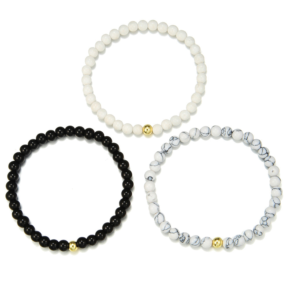 Vintage Minimalist 6mm Round Gemstone Beaded Bracelet Set Plated Geometric Design