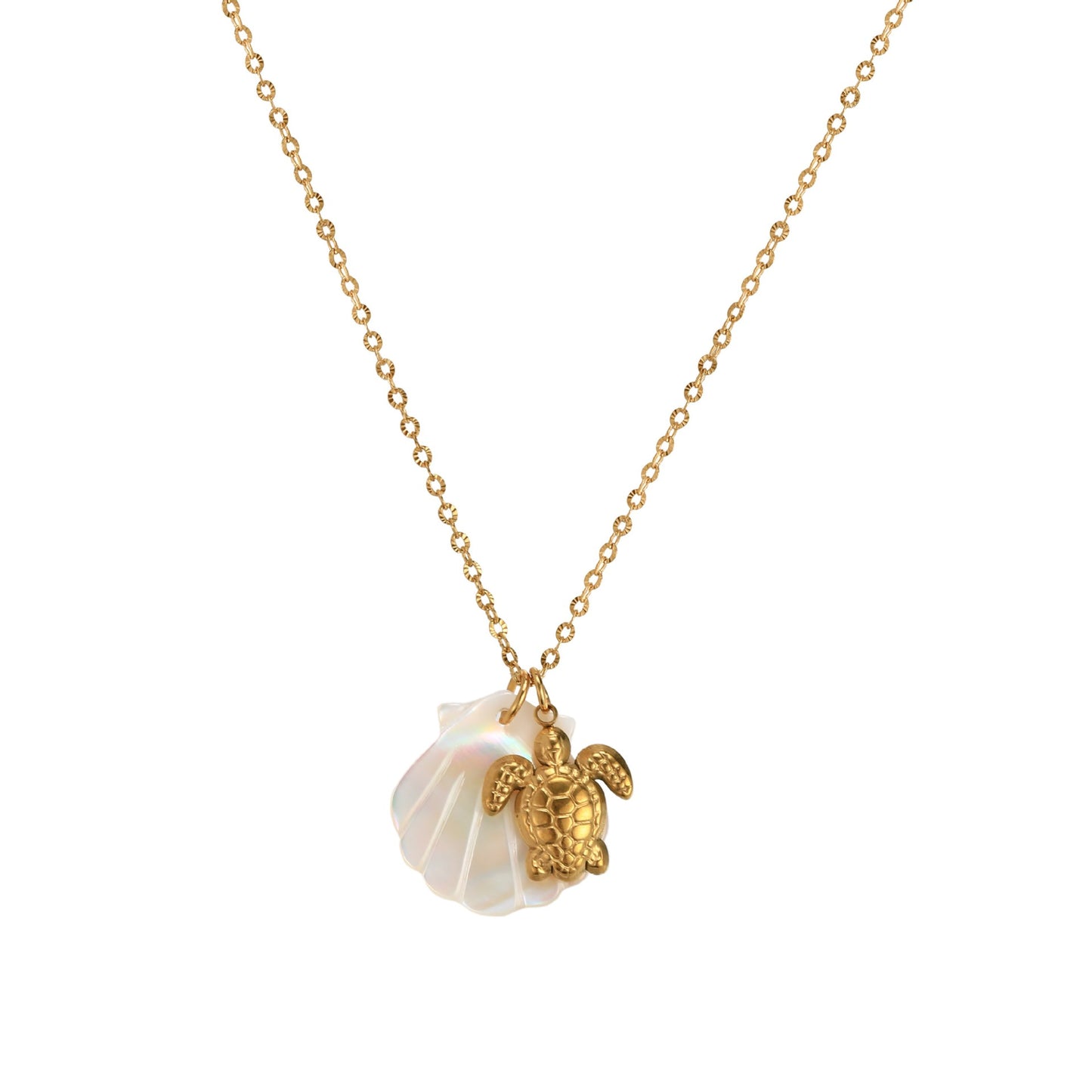 18K Gold Plated Stainless Steel Starfish Conch Shell Charm Bar Necklace Cable Chain Unisex Summer Beach Jewelry