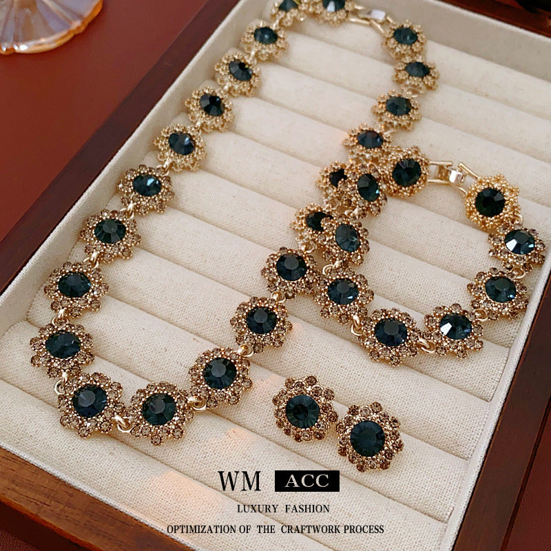 Vintage Floral Flower Earrings Bracelet Necklace Set for Women Alloy Jewelry with Rhinestone Inlay Locket Chain Minimalist Elegant Luxury Style