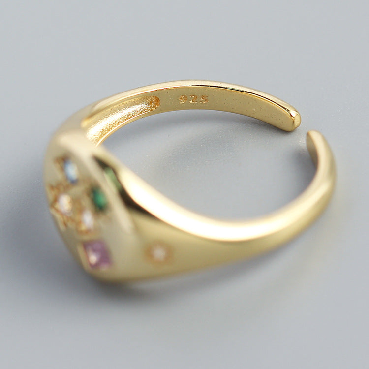Minimalist Star-Shaped S925 Sterling Silver Ring with Micro-Paved Colored Zirconia for Women