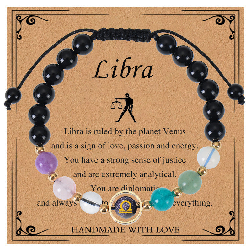 Elegant Geometric Natural Crystal Zodiac Beaded Bracelet Unisex Handmade Jewelry with Card