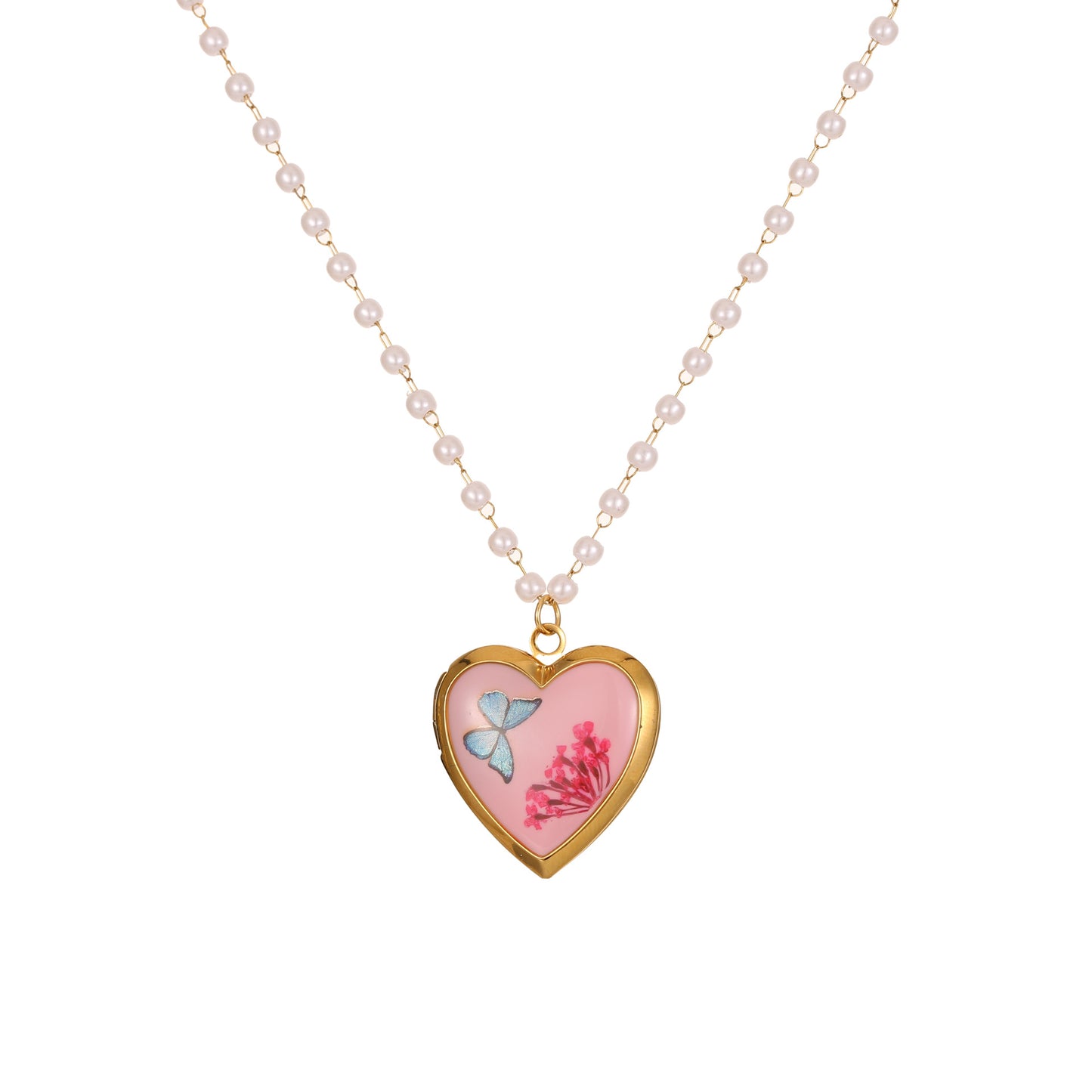 Elegante collar de acero inoxidable con colgantes de esmalte de corazón, florales y mariposas para mujer