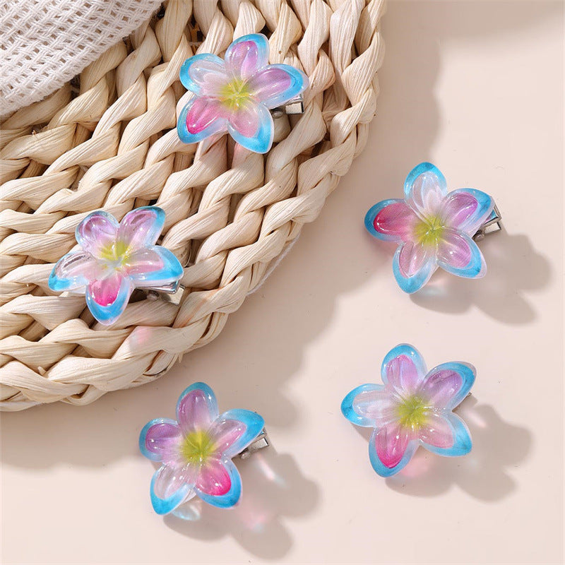 Set di fermagli per capelli a forma di fiocco in stile naturale per ragazze con design floreale sfumato, fermagli a becco d'anatra in resina plastica, accessori per capelli per bambini fatti a mano