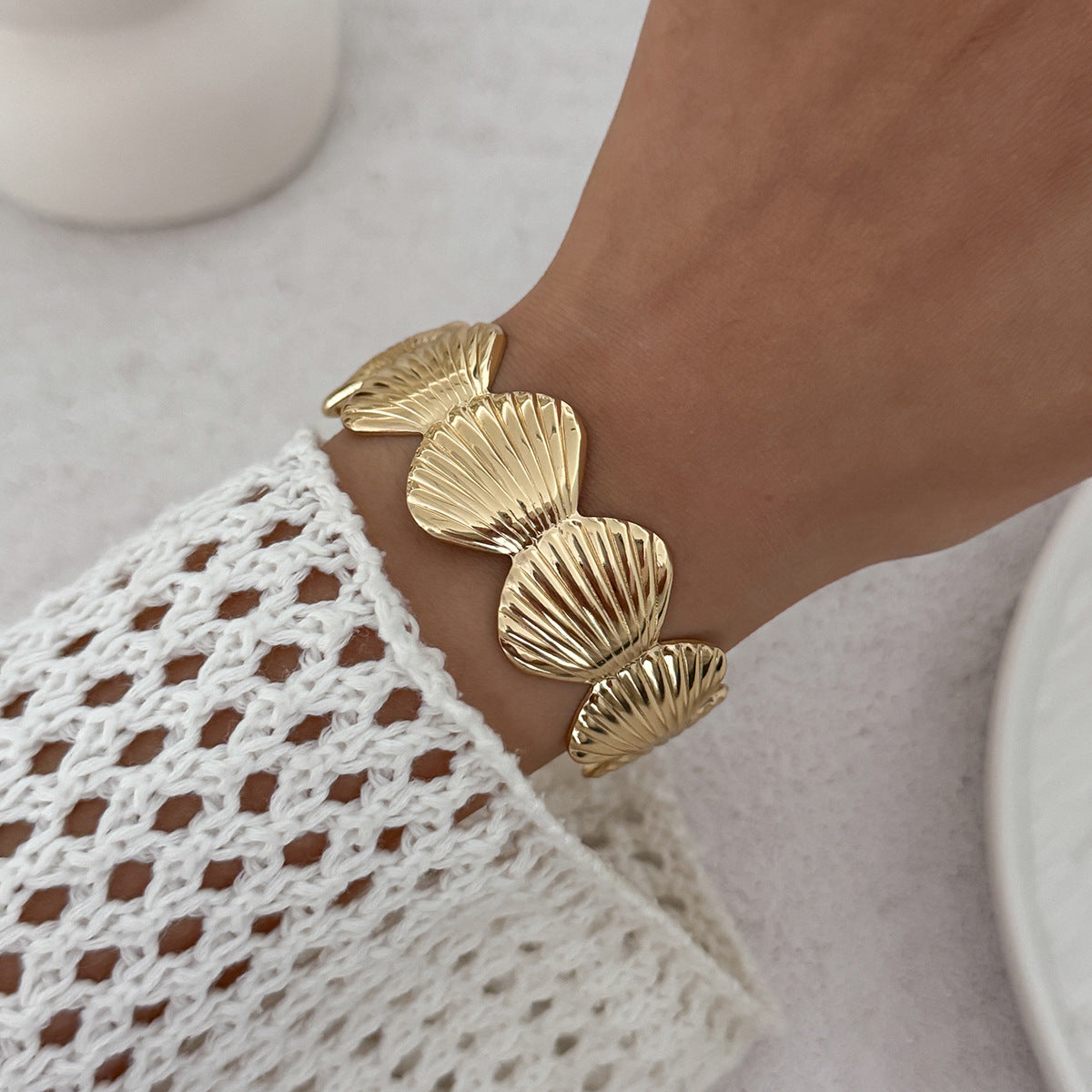 Vacation Style Floral Seashell Open Bangle Bracelet for Women in Plated Metal