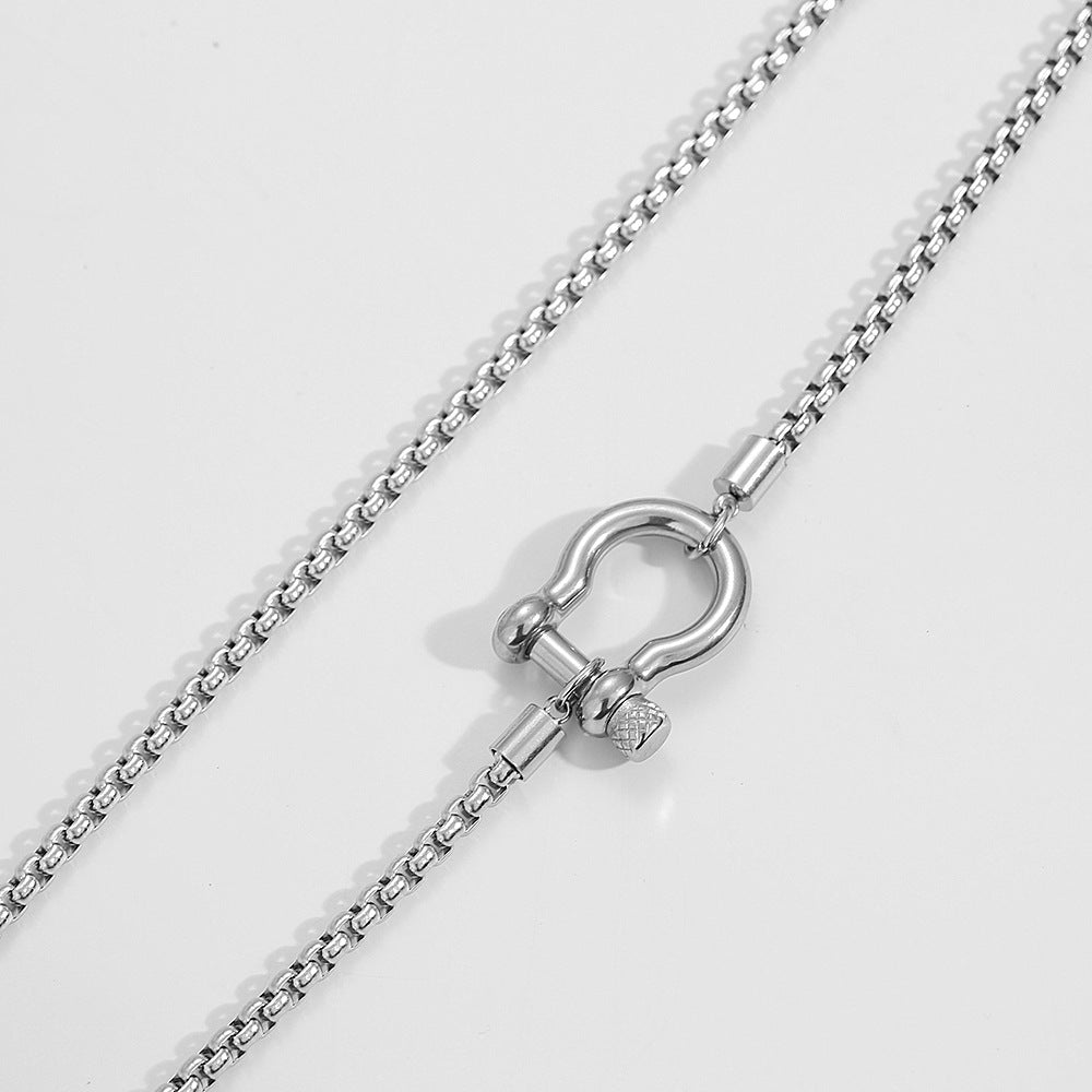 Minimalist Geometric Carabiner Necklace in Stainless Steel with 18K Gold Plating on Pearl Chain for Women
