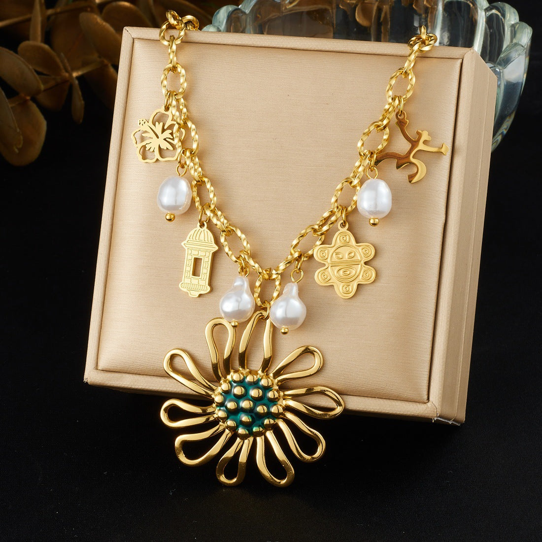 Gold Plated Stainless Steel Sunflower Charm Bar Necklace with Cable Chain for Women